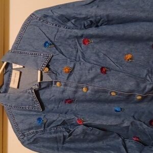 Lemon Grass Blue Jean Shirt/Jacket With Beautiful Yawn Flowers - Small